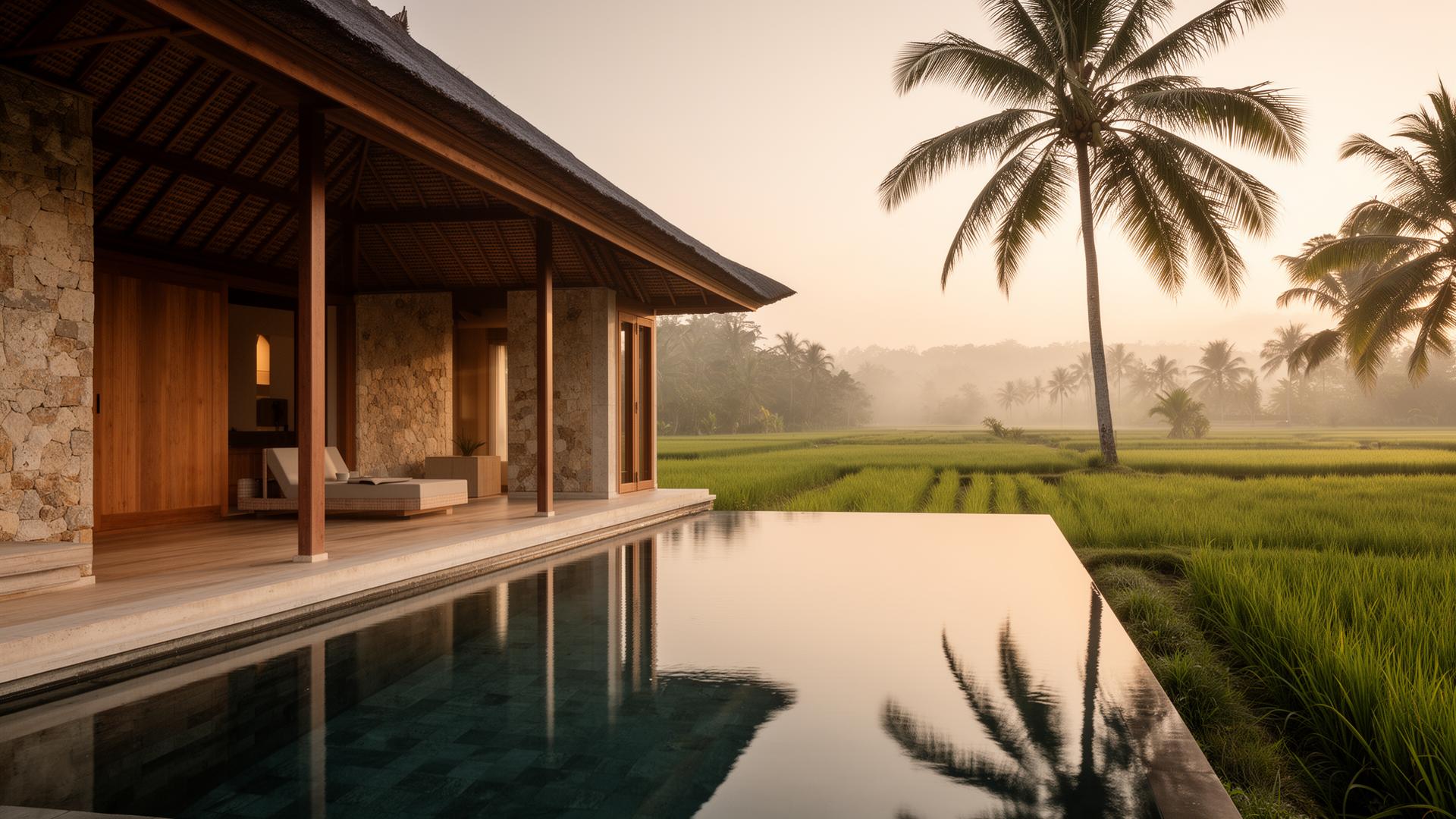 Tropical minimalist bungalow with infinity pool overlooking rice paddies in Bali at golden hour